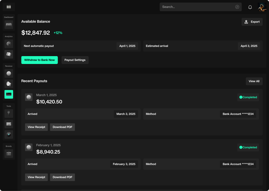 Sygnaal Wallet & Payouts dashboard preview